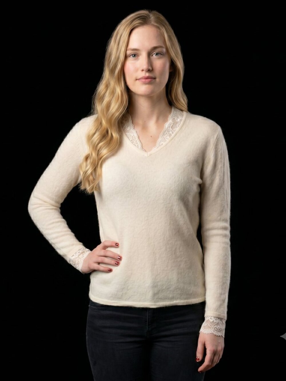 Prive Women's Cashmere Lace Collar Sweater Top Ivory/Cream Size Large